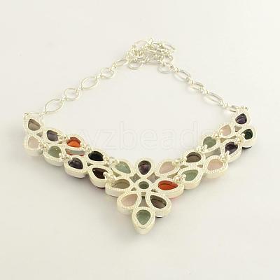 Gemstone Bib Statement Necklaces with Alloy Cabochon Settings and Silver Color Plated Brass Chains  NJEW-R224-07B-B-1