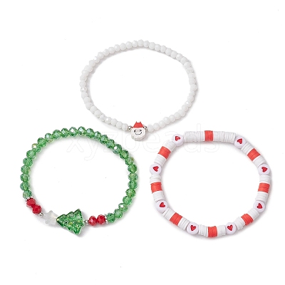3Pcs 3 Styles Polymer Clay & Glass Beaded Stretch Bracelet Sets BJEW-JB10676-1