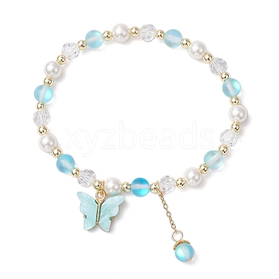 Frosted Dyed Synthetic Moonstone & Shell Pearl Round Beads Stretch Bracelets BJEW-JB11822-02-1
