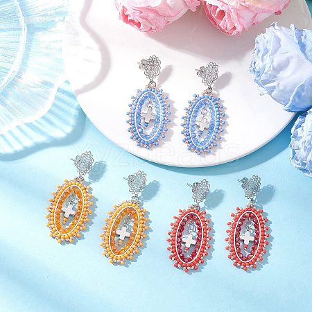 3 Pairs Cross Oval Glass Seed Bead Woven Stud Earrings EJEW-MZ00595-1