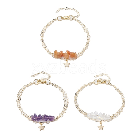 3Pcs 3 Styles Natural Red Aventurine & Natural Amethyst & Opalite Chip Multi-Strand Bracelet Sets BJEW-JB10500-1