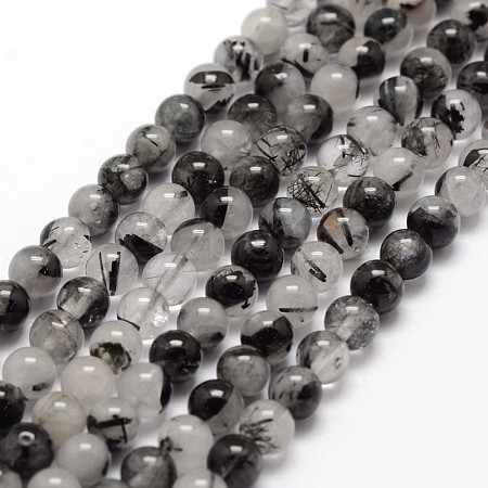 Natural Black Rutilated Quartz Bead Strands G-P217-32-6mm-1