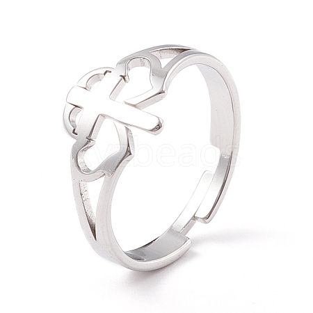 Non-Tarnish Double Heart with Cross 304 Stainless Steel Adjustable Ring for Women RJEW-B035-06P-1