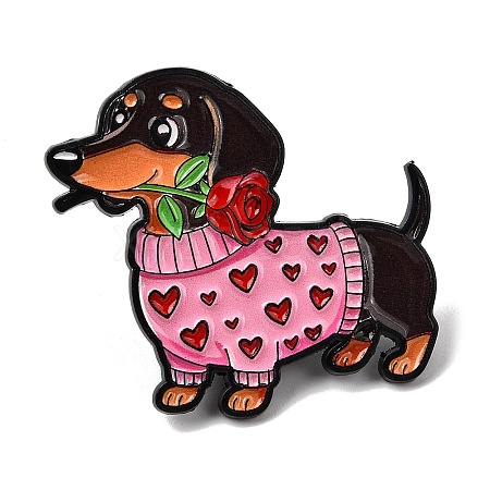 Dachshund in Heart Sweater with Rose Flower Enamel Pins JEWB-Z049-03EB-02-1