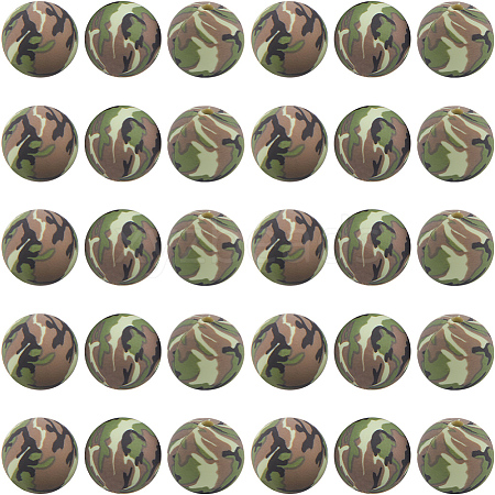 30pcs Round with Camouflage Pattern Silicone Focal Beads SIL-SC0002-03A-1