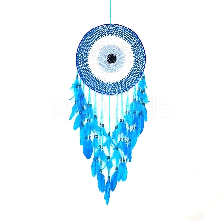 Iron & Cotton Evil Eye Woven Net/Web with Feather Hanging Decorations PW-WGADB0C-01-1