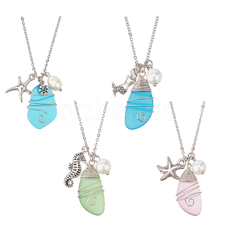 ANATTASOUL 4Pcs 4 Style Twist Teardrop Glass & Alloy Ocean Theme Pendant Necklaces Set NJEW-AN0001-57-1