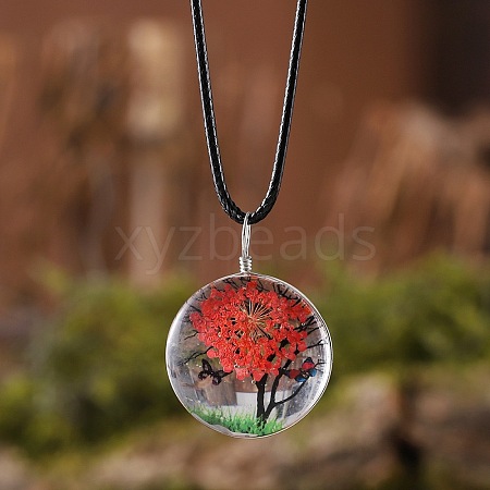 Flat Round Glass with Dried Flower Tree Inner Pendant Black Waxed Cord Necklaces FS-WG87A6D-18-1