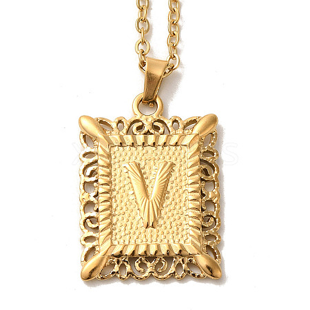 201 Stainless Steel Cable Chain Rectangle with Letter Pendant Necklaces NJEW-M070-01G-V-1