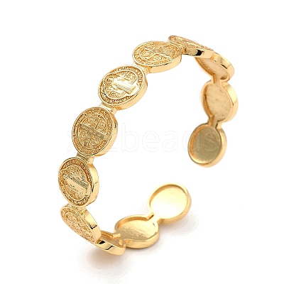 Flat Round With Cross Jesus Cuff Bangle BJEW-I298-03G-1