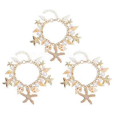 3Pcs Natural Conch Shell & Alloy Starfish & CCB Plastic Pearl Charm Bracelet BJEW-PH0004-35-1