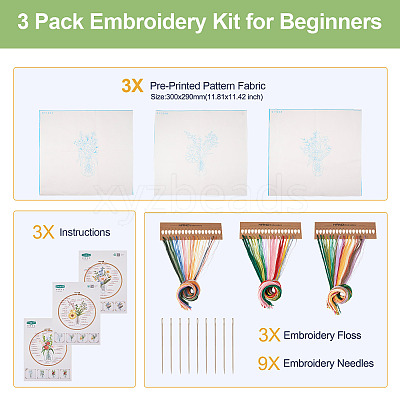3Pcs 3 Style Vase & Flower Pattern DIY Display Decoration Embroidery Beginner Kit DIY-TA0006-16-1