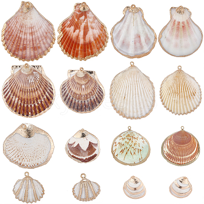 32Pcs 8 Styles Electroplated Natural Mixed Shell Pendants SSHEL-SC0001-62C-1