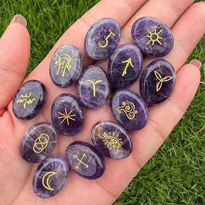 Oval Natural Amethyst Rune Stones PW-WG22365-03-1