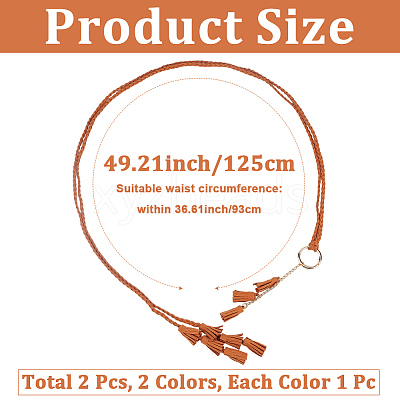 2Pcs 2 Colors Bohemian Imitation Leather Tassel with Alloy Ring Waist Chain Belts for Women AJEW-CL0005-22B-1