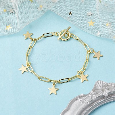 Golden 304 Stainless Steel Charm Bracelets with Brass Paperclip Chains BJEW-JB10031-01-1