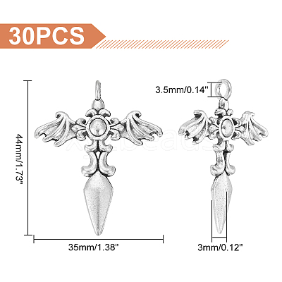 30Pcs Tibetan Style Sword with Wing Alloy Pendants TIBEP-UN0001-08-1