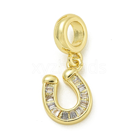 Rack Plating Brass Pave Clear Cubic Zirconia U Shape/Horse Shoes European Dangle Charms KK-Z067-40G-02-1