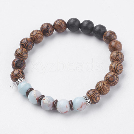 Natural Lava Rock & Wenge Wood Beads & Coconut Stretch Bracelets BJEW-I241-03D-1