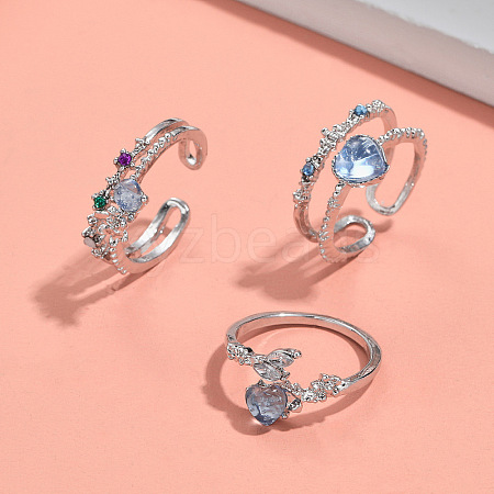 3Pcs Heart & Flower Alloy Rhinestone Cuff Rings FS-WGDF7E1-04-1