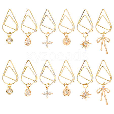 12Pcs 6 Style Flower/Snowflake/Bowknot Brass Micro Cubic Zirconia Charm Bookmarks AJEW-AB00184-1