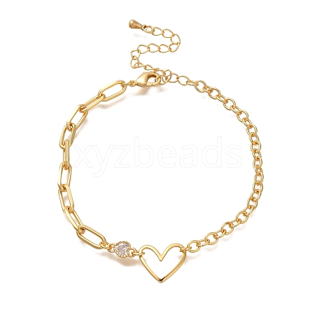 Heart Brass Micro Pave Clear Cubic Zirconia Cable Chain Bracelets For Women Girl BJEW-L696-011G-1