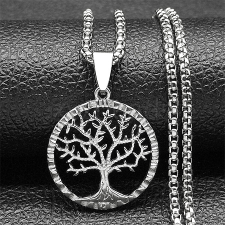 304 Stainless Steel Tree of Life Pendant Box Chain Necklaces for Men NJEW-S440-16P-1