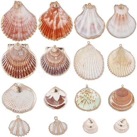32Pcs 8 Styles Electroplated Natural Mixed Shell Pendants SSHEL-SC0001-62C-1