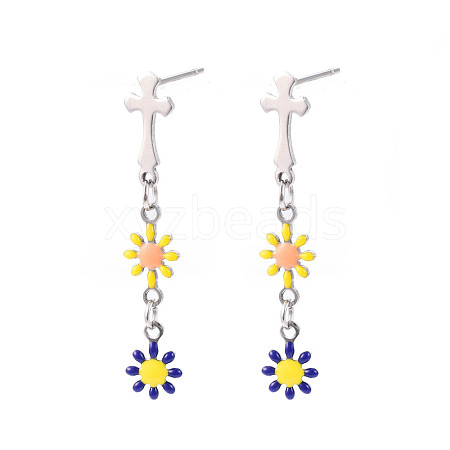 Cross with Flower Enamel Long Dangle Stud Earrings EJEW-N049-01B-1