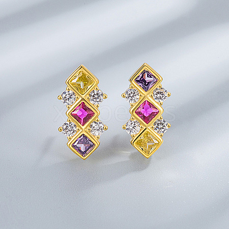 Rhombus 925 Sterling Silver Pave Colourful Cubic Zirconia Stud Earrings WGF0FD8-04-1