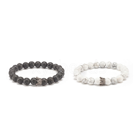 2Pcs 2 Style Natural Lava Rock & Howlite Stretch Bracelets Set with Alloy Crown Beaded BJEW-JB08317-1