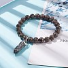 Natural Snowflake Obsidian Round Beaded Stretch Bracelet with Bullet Shape Charm BJEW-JB08310-04-2