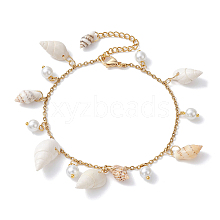 Natural Spiral Shell & Glass Pearl Charm Anklets AJEW-AN00567