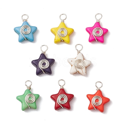 Dyed Synthetic Turquoise Copper Wire Wrapped Vortex Star Pendants PALLOY-JF03587-02-1