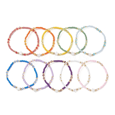 10Pcs Glass Seed Beads & Glass & Natural Trochid Shell Beaded Stretch Bracelets for Women BJEW-MZ00285-1