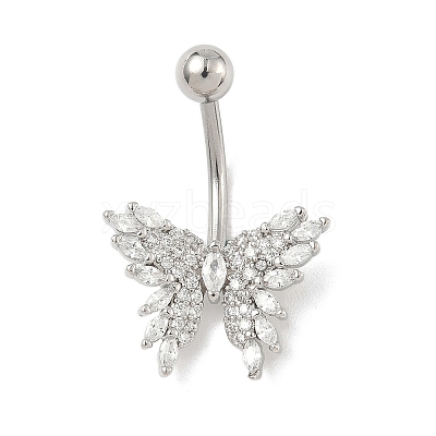 Brass Pave Clear Cubic Zirconia Curved Barbell Butterfly Belly Rings LS-AJEW-L099-01A-P-1