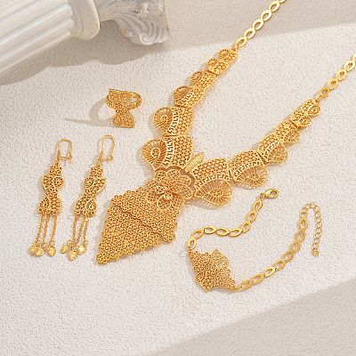 Alloy Hollow Flower Bracelets & Earrings & Necklaces & Rings Sets for Women IK7377-1