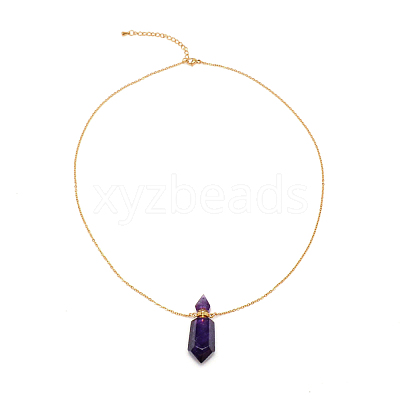 Natural Amethyst Pointed Hexagon Perfume Bottles Pendant Necklace NJEW-WH0015-02B-G-1