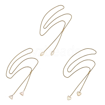 Adjustable Brass & Natural White Shell Geometric Tassel 304 Stainless Steel Box Chain Lariat Necklaces for Women NJEW-JN06259-1