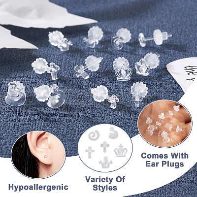60 Sets 6 Style Crown & Cross & Swan & Vortex Transparent Resin Stud Earrings for Women EJEW-BG0001-02-1