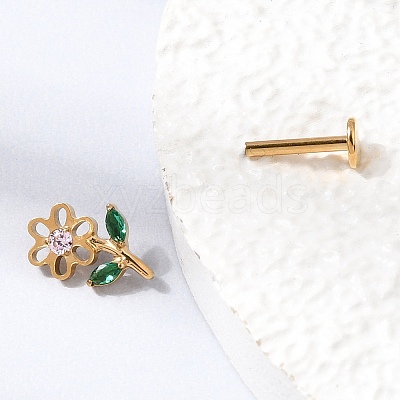 F136 Titanium Pave Pink and Green Cubic Zirconia Flower Internally Threaded Labrets ME-CBA9828-04G-1