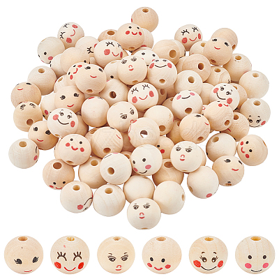 90Pcs 6 Styles Printed Wood European Beads WOOD-PH0002-89-1