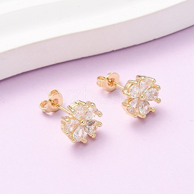 Brass Micro Pave Cubic Zirconia Flower Stud Earrings EJEW-H174-01B-G-1