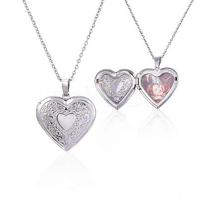 2Pcs 316 Surgical Stainless Steel Heart Photo Locket Pendant Cable Chain Necklaces for Women NJEW-DC0001-15P-1