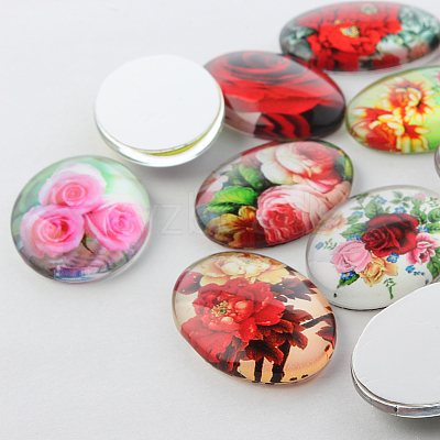 Multi-Color Flower Theme Ornaments Glass Oval Flatback Cabochons GGLA-A003-18x25-NN-1