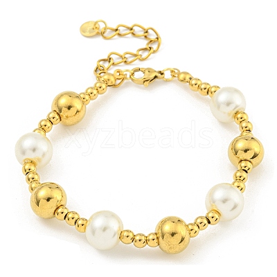 304 Stainless Steel & 201 Stainless Steel & Plastic Pearl Round Beaded Bracelets for Women BJEW-G717-02A-G-1