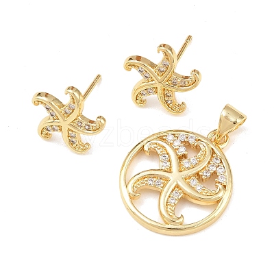 Brass Micro Pave Cubic Zirconia Pendant & Stud Earrings Sets for Women SJEW-F227-01A-G-1