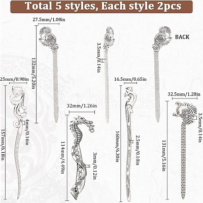 10Pcs 5 Styles Fox Swan Peacock Tibetan Style Alloy Bookmarks FIND-SC0009-01-1