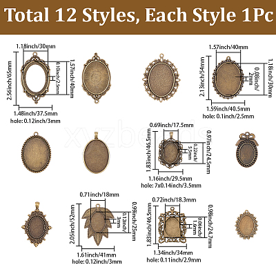 12Pcs 12 Styles Tibetan Style Zinc Alloy Pendant Cabochon Settings TIBEP-SC0003-48-1