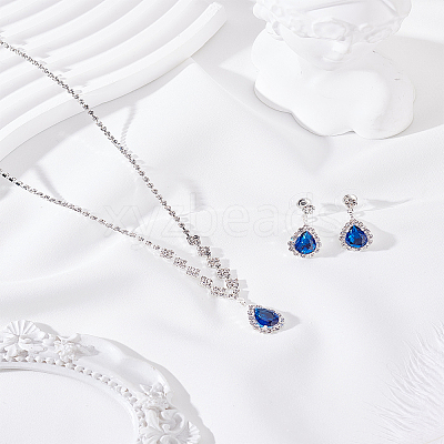 Brass Rhinestone Pendant Necklace & Stud Earring Sets SJEW-LP0001-51A-1